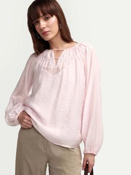 RAREISM - Pink Viscose Textured Full Sleeves Boat Neck Top