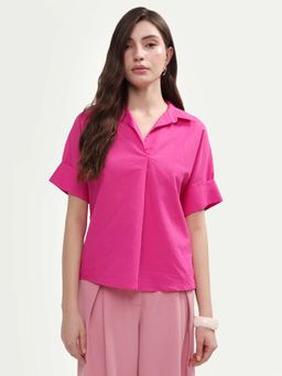 RAREISM - Pink Linen Blend Solid Half Sleeves Collar Neck Top
