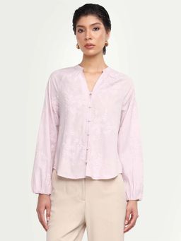 RAREISM - Pink Cotton Embroidered Full Sleeves Mandarin Neck Shirt