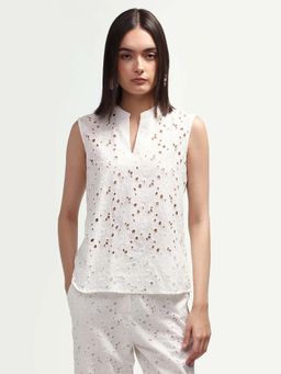 RAREISM - White Cotton Self Design Sleeveless Mandarin Neck Top