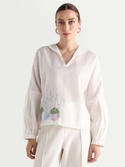 RAREISM - White Cotton Blend Embroidered Full Sleeves V-Neck Top