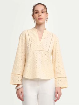 RAREISM - Yellow Cotton Self Design Full Sleeves Mandarin Neck Top