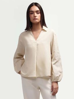 RAREISM - Beige Cotton Blend Solid Full Sleeves V-Neck Top