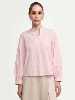 RAREISM - Pink Cotton Embroidered Full Sleeves Mandarin Neck Top