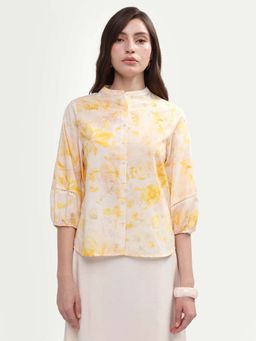 RAREISM - Yellow Cotton Floral Balloon Sleeve Mandarin Neck Top