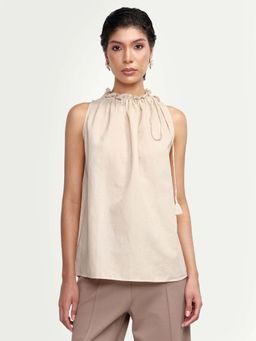 RAREISM - Beige Cotton Blend Solid Sleeveless Ruffled Neck Top