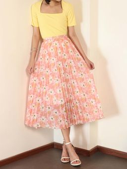 FABLE STREET - Peach Polyester Flared Fit Floral Midi Skirt
