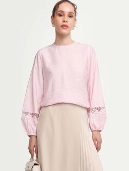 RAREISM - Pink Viscose Blend Textured Full Sleeves Crew Neck Top