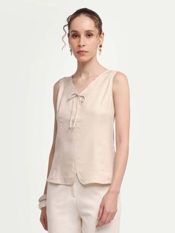 RAREISM - Beige Polyester Solid Sleeveless V-Neck Top
