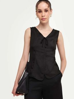 RAREISM - Black Polyester Solid Sleeveless V-Neck Top