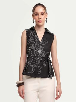 RAREISM - Black Polyester Floral Sleeveless V-Neck Top