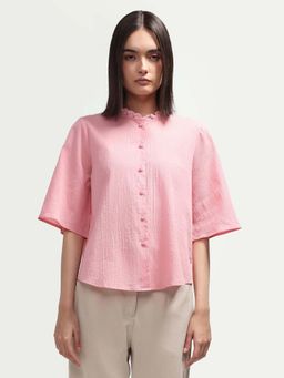 RAREISM - Pink Cotton Solid Half Sleeves Ruffled Neck Top