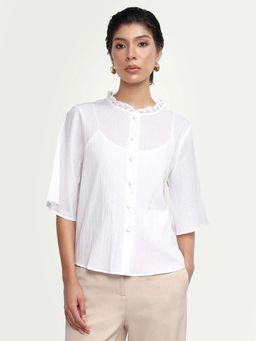 RAREISM - White Cotton Solid Half Sleeves Ruffled Neck Top