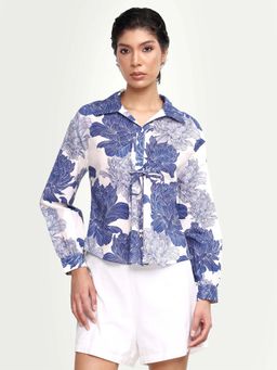 RAREISM - Blue Cotton Floral Print Full Sleeves Collar Neck Top