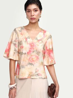 RAREISM - Multi-Color Viscose Floral Print Bell Sleeves V-Neck Top