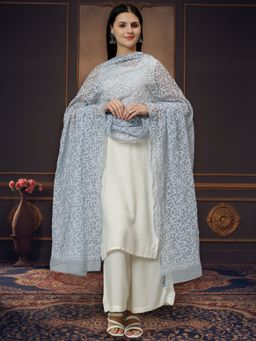 Seva Chikan - Hand Embroidered Lucknowi Chikankari Grey Georgette Tepchi Work Dupatta