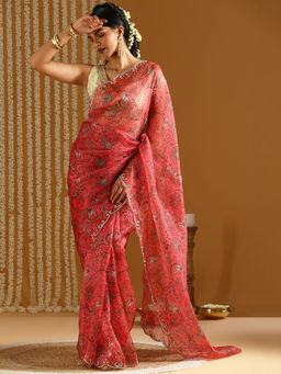 Gajra Gang - Bageecha Pink Printed Organza Saree With Unstitched Blouse (Set of 2)