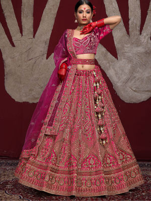 Pink Embellished Pleated belted Lehanga With Attached Dupatta