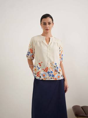 Buy FABLE STREET Off White Woven Half Sleeves Mandarin Neck Floral Top ...