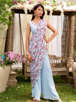 Chhavvi Aggarwal - Blue Pant Saree With Stitched Blouse (Set of 2)