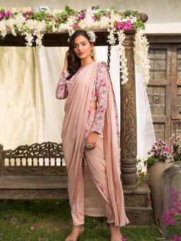 Chhavvi Aggarwal - Pink Pant Saree With Stitched Blouse (Set of 2)