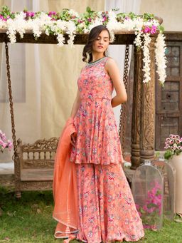 Chhavvi Aggarwal - Coral Sharara Set (Set of 3)