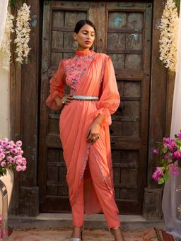 Chhavvi Aggarwal - Coral Pant Saree (Set of 3)
