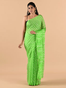 CHOWDHRAIN - Parrot Green Leheriya Bandhini Saree