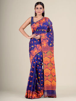 CHARUKRITI - Blue Hand Woven Soft Blended Cotton Jamdani Saree without Blouse