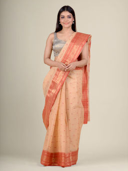 CHARUKRITI - Beige Cotton Saree with All Over Butta Weaving and Duel Border without Blouse