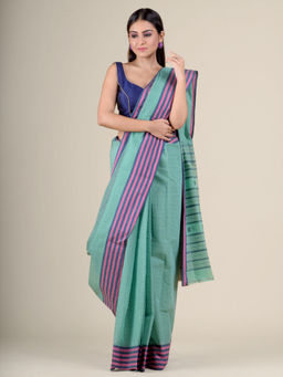 CHARUKRITI - Green Cotton Saree with All Over Butta Weaving and Stripes Border without Blouse