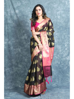 CHARUKRITI - Black Silk Cotton Saree with Woven Design Unstitched Blouse