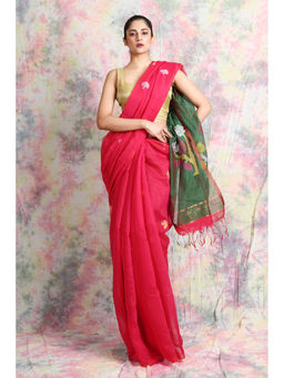 CHARUKRITI - Floral Pallu Dark Pink Handloom Saree with Unstitched Blouse