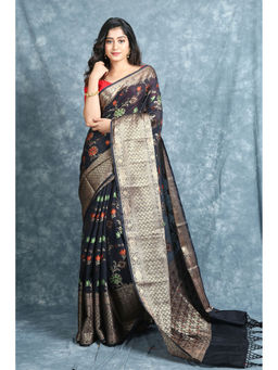 CHARUKRITI - Black Matka Silk Soft Saree with Unstitched Blouse