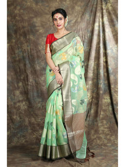 CHARUKRITI - Light Green Organza Saree with Unstitched Blouse