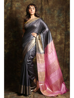CHARUKRITI - Grey Printed Solid Saree with unstitched blouse