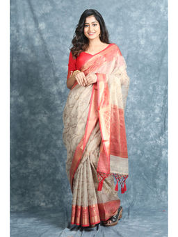 CHARUKRITI - Off White Tissue Saree with Woven Design Unstitched Blouse