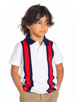 CHERRY CRUMBLE BY NITT HYMAN - White Red Cut & Sew Vertical Striped Polo Tshirt