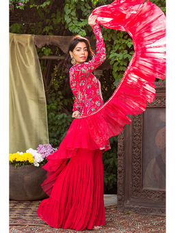 Chhavvi Aggarwal - Red Print Kurta With Sharara And Dupatta (Set of 3)