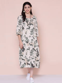 Biba - Off White Printed Dress With Necklace (Set of 2)