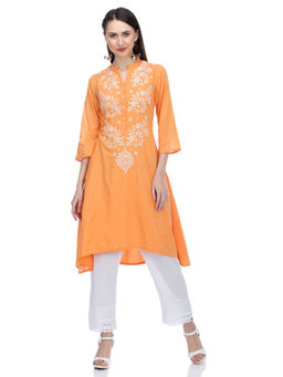 Biba - Orange Embroidered A-Line Cotton Kurta