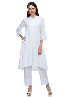 Biba - White Embroidered A-Line Cotton Kurta