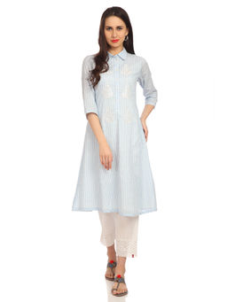 Biba - Blue Embroidered A-Line Cotton Kurta