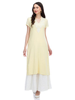 Biba - Yellow Solid A-Line Cotton Kurta