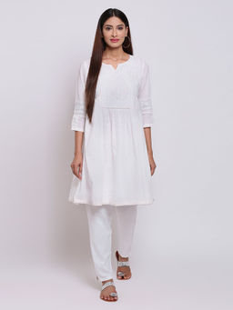 Biba - White Embroidered Kurta With Inner Slip (Set of 2)