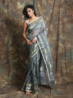 CHARUKRITI - Allover Rich Weaving Dark Grey Jamdani Saree
