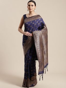 Sareemall - Navy Blue Festive Silk Blend Woven Saree With Unstitched Blouse