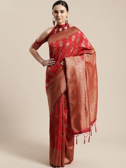 Sareemall - Red Festive Silk Blend Woven Saree With Unstitched Blouse