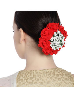 Accessher - Red Handcrafted Hair Bun Hair Rose Clip Decoration Gajra Extension For Women Girls