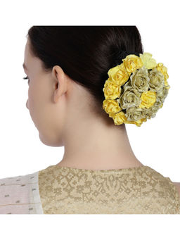 Accessher - Yellow Handcrafted Hair Bun Hair Rose Clip Decoration Gajra Extension For Women Girls